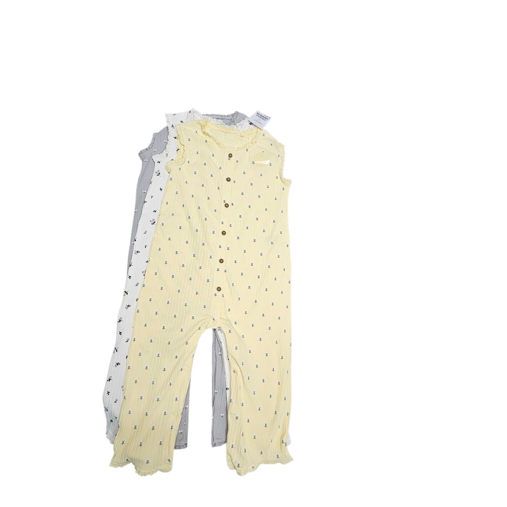 Next Baby Rompers‎ Kids 2-3Y Yellow Grey Floral Ribbed Sleeveless 3pk One-Piece